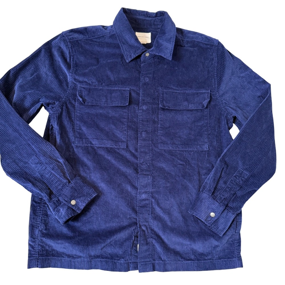 American Eagle Corduroy Men Shirt Jacket Blue Snap Button Shacket Layering Sz L